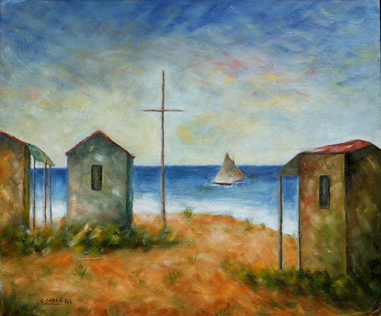 Capanni sulla riva, 1943, cm.40x50 olio su cartone telato